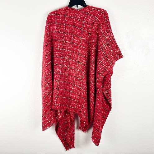 Chico's CHICO’S Red Checkered Plaid Metallic Tweed Fringe Trim Poncho Shawl, One Size