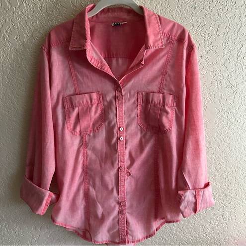 Roxy  Pink Sleeve Lightweight Long / Tab Button Down Shirt Size XL