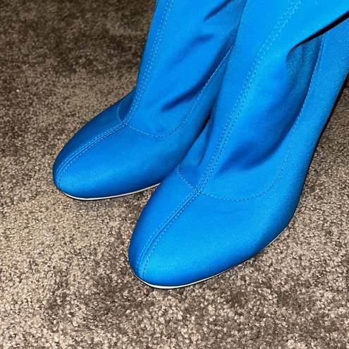 EGO  neon blue fitted stretch high ankle block chunky heel boots