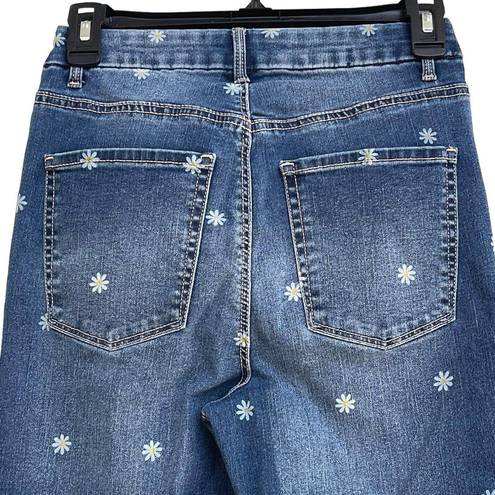 No Bo  Juniors SZ 7 Cuffed Crop Jeans High-Rise Floral Print Stretch Pockets Blue