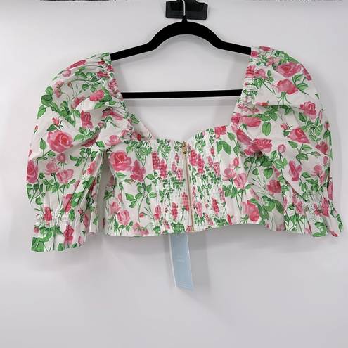 Hill House The Isabella Pink Roses Poplin Puff Sleeve Tie Front Top