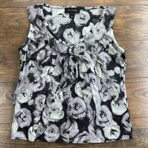 St. John  Gray Womens P‎ Black Floral Print 95% Silk Top Blouse Sleeveless Cami