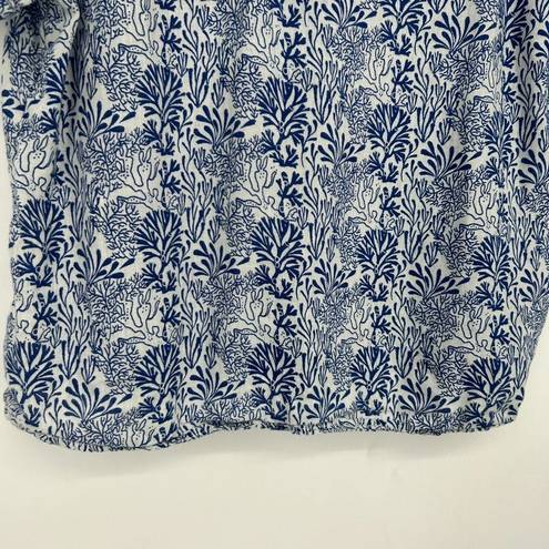 Nicole Miller  Linen Button Up Shirt Coral Reef Print Blue White Beachy Size M