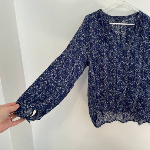 Lucky Brand  Printed Peasant Blouse Blue White Peach Floral Tie Neck Long Sleeve