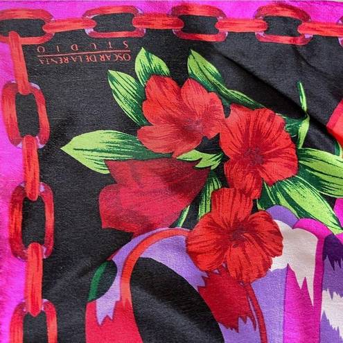 Oscar de la Renta Vintage  Studio Silk Scarf Square Dark Floral Boho Pop Art