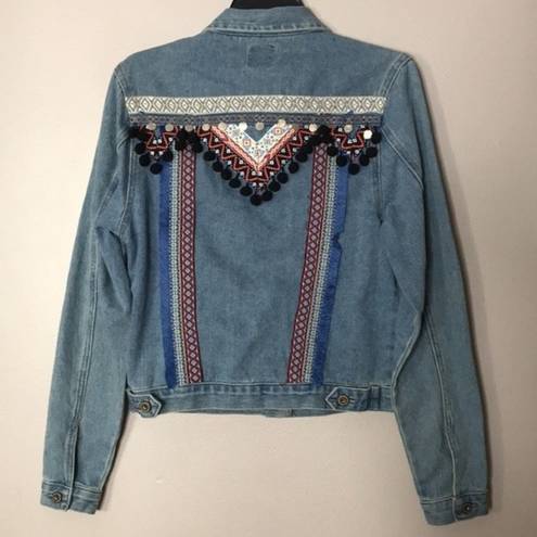 Boom Boom Jeans Embroiled denim jacket with pom poms button up fall winter size medium