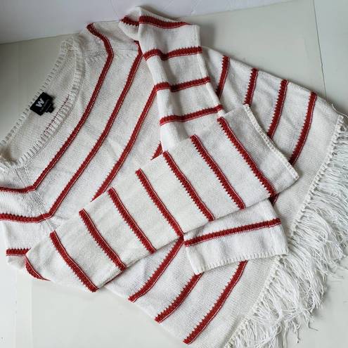 W By Worth  Womens Sweater Size S Stripe Fringe Open Knit White Red Long Sleeve