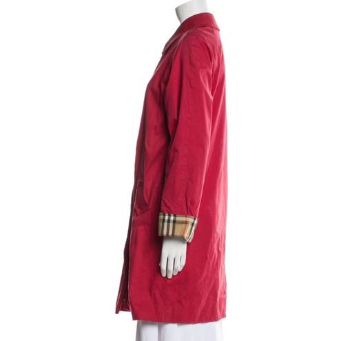 Burberry London Red Single Breasted Nova Check Lined With Flip Cuffs SZ 2 Trench