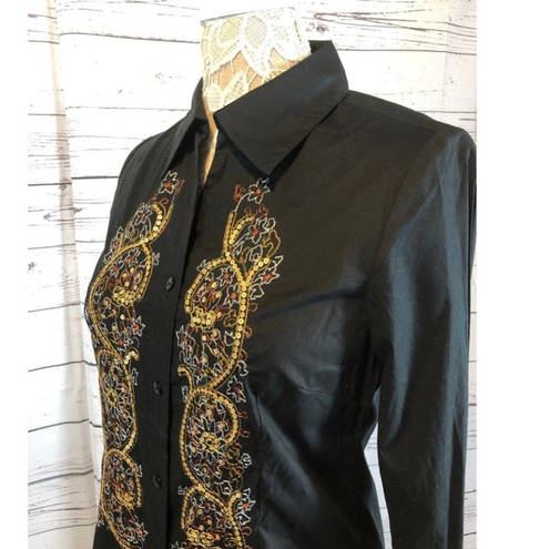 Coldwater Creek NWT  embroidery & sequence  black button down size XS