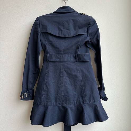 Juicy Couture  Navy Double Breasted Trench Coat Ruffle Hem Size XS Gold Buttons