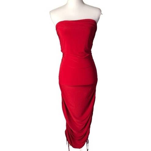 Club L  London Red Strapless Side Ruched Midi Tube Dress