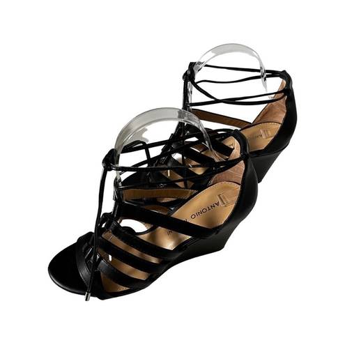 Antonio Melani  Adair Lace Up Black Leather Wedges Sandal Size 7