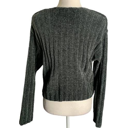 Reference Point Vintage 90s Chenille Cropped Sweater M Grey Cable Knit Long Sleeve Scoop Neck