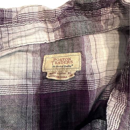 Boston Traders  Purple Plaid Button Up Top Women's XL Front Pocket