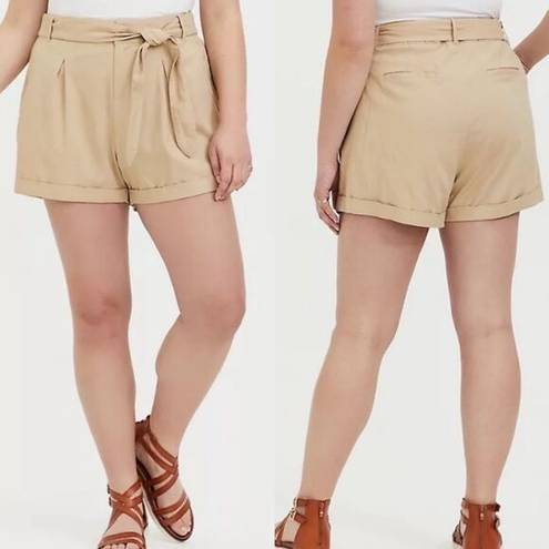 Torrid  Beige Linen Blend Pleat Front Self Tie Belted Shorts