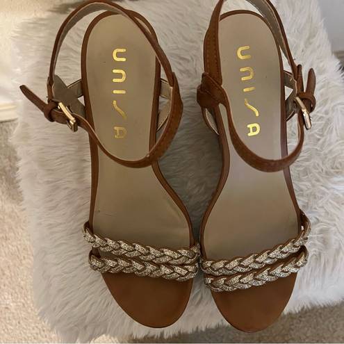 Unisa  Tan and Gold Braided Wedge Cork Heels