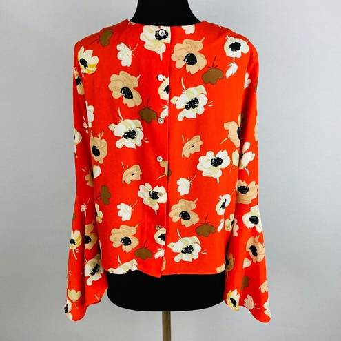 Carmen Marc Valvo  Orangey Red Happy Floral Print Bell Sleeve Women's 6 Top