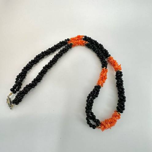 Onyx Black   beaded and coral long twisted necklace