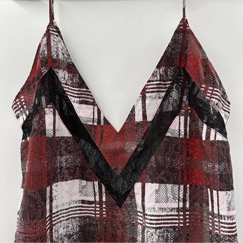 Lovers + Friends  Camisole Tank Top Black Lace Red & Gray Plaid Print Size L