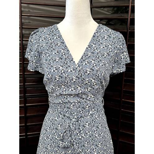 The Row  A Women's Blue Floral Faux Wrap Tie Waist Short Sleeve Dress S NWOT