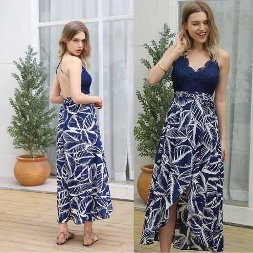 Blooming Jelly  Deep V Neck Sleeveless Asymmetrical Floral Maxi Dress Navy White