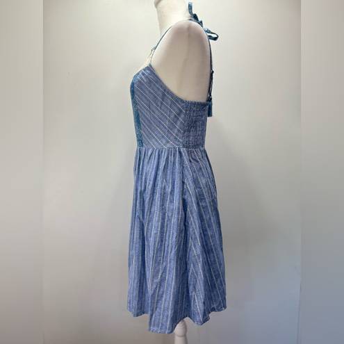 Flying Tomato NEW  Denim Blue Striped Paisley & Lace Ruched Back Halter Dress M