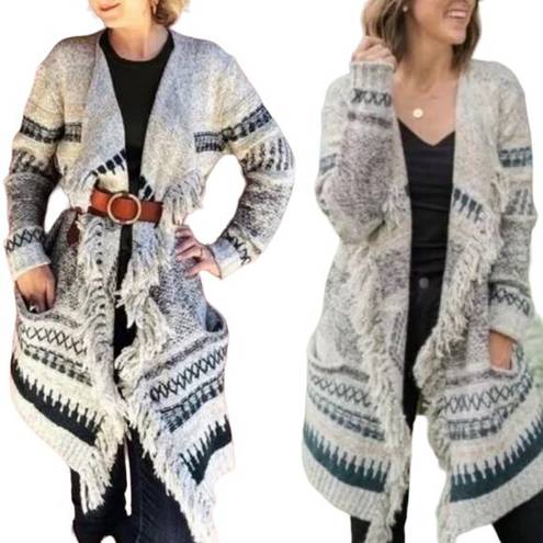 CAbi  Shetland Fringed Cardigan Sweater Open Front Longline Duster Gray Cream XXS