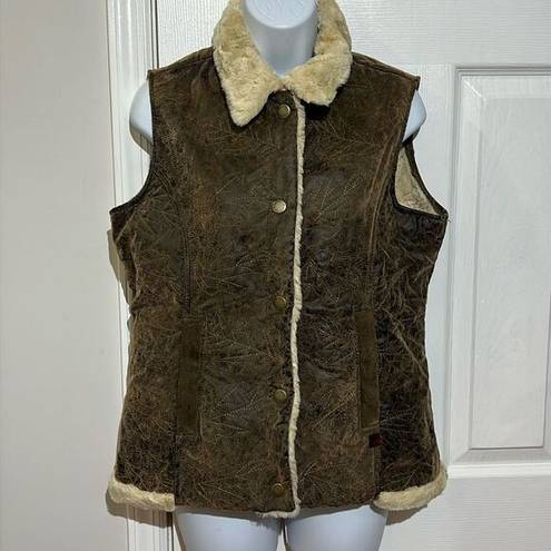 Woolrich  Saddle Brown Leaf Embroidered Faux Sherpa Lined Vest Jacket Sz M