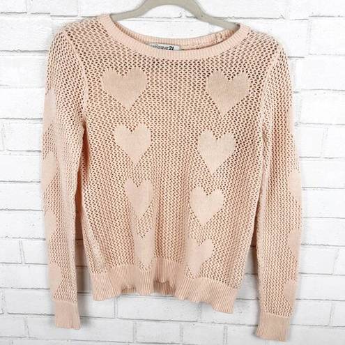 Forever 21  Peach Long Sleeve Open Knit Heart Sweater Pullover Size Medium