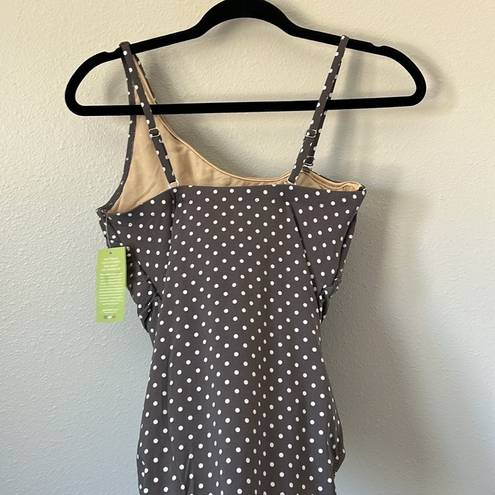 Garnet Hill NWT  Asymmetric One Shoulder Ruffle Polka Dot Grey Swimsuit Ruching 8