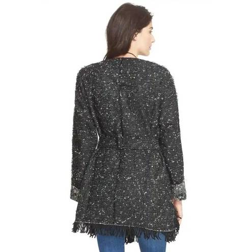 Free People  Black Combo Wool Blend Fringe Blanket Coat Size Medium Boho Womens