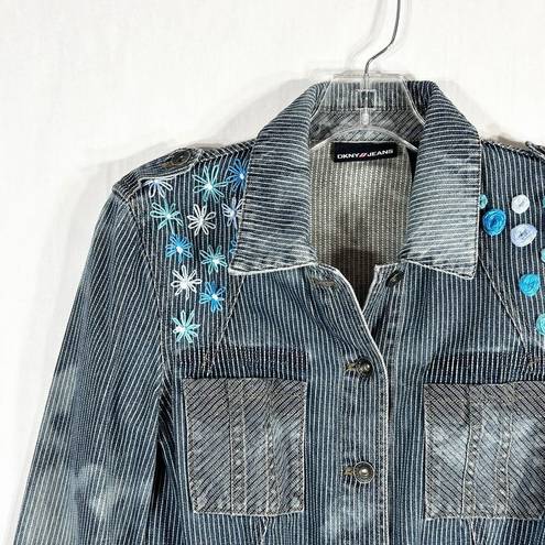 DKNY  Small Jean Jacket Reworked Denim Hand Embroidered Bleached Distressed 509