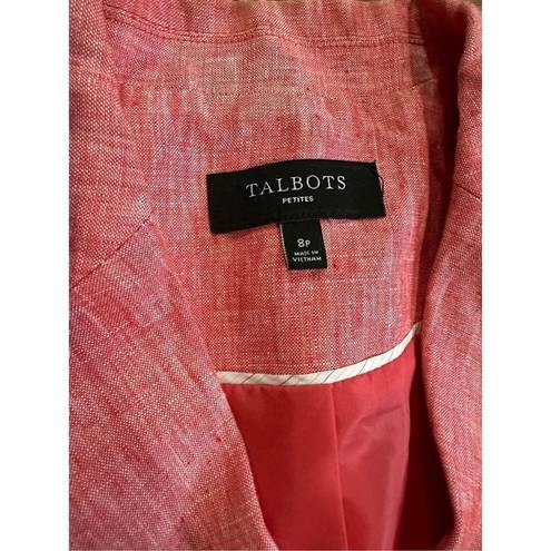 Talbots  Pink Coral Blazer 100% Linen Two Button Front With Peaked Lapel 8P