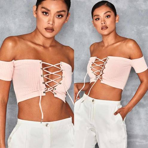 Mistress Rocks  Pioneer Ribbed Bardot Crop Top Pink Size Large