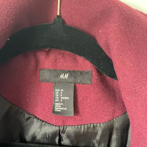 H&M Maroon Red Wool Blend Classic Pea Coat Mid Length Fitted Jacket size 4