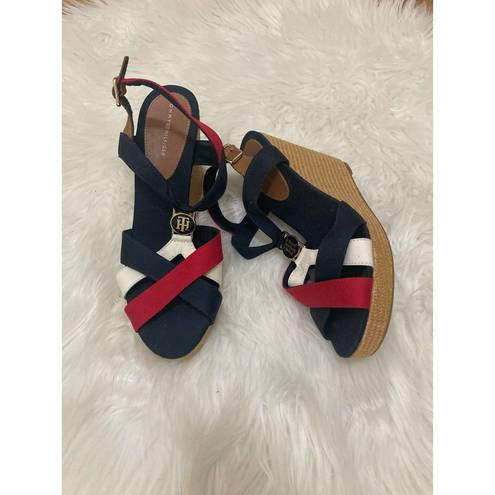 Tommy Hilfiger  wedges heels navy blue white and red logo emblem women’s size 9.5