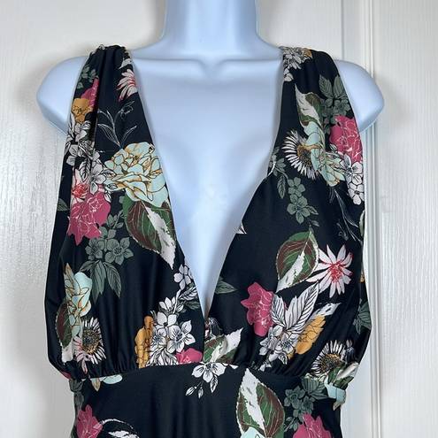 Modcloth Womens  Promised Paradise Black Floral Plunge Swimsuit Size XL EUC #2943