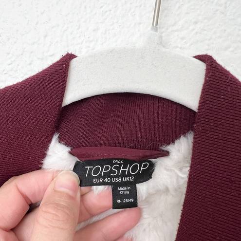 Topshop [] Burgundy Red Faux Fur Lined Oversized Bomber Flight Jacket Size 8 Tall