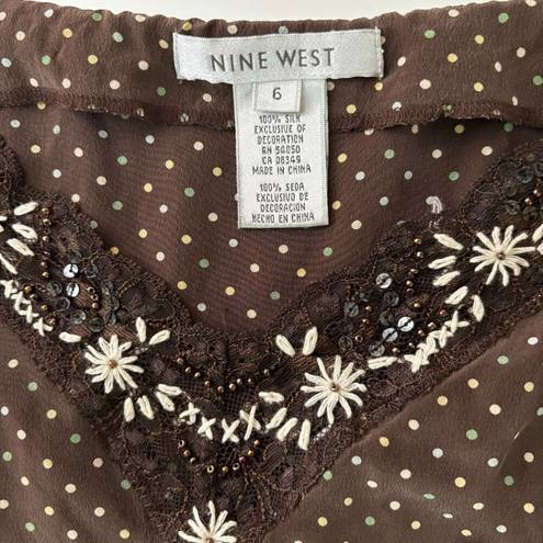 Nine West VTG Y2K 100% Silk Brown Polka Dot Tank Top Sz 6 V Neck Lace Embroidered Retro