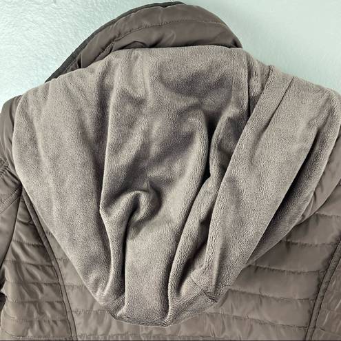 Gallery  Brown Quilted Puffer Faux Fur Zip Hoodie Zipper Lined Coat, Size Medium