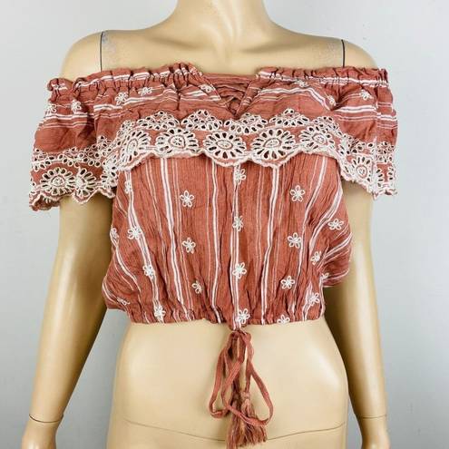 Poof  Cute Cinnamon Color Bohemian Embroidered Detail Women's L Off Shoulder Top