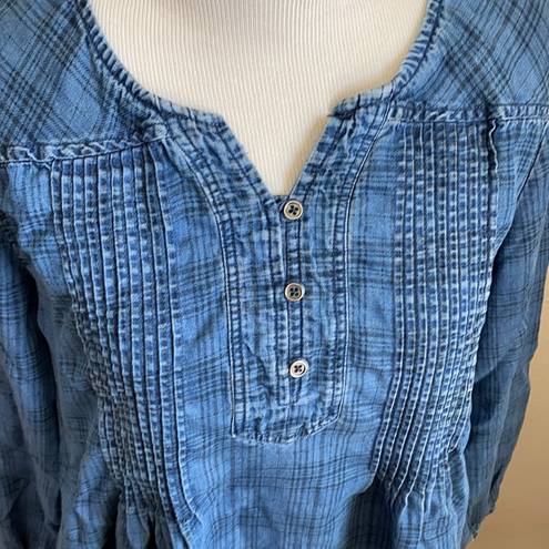 Style & Co  Quarter Button Plaid Print Denim Blouse