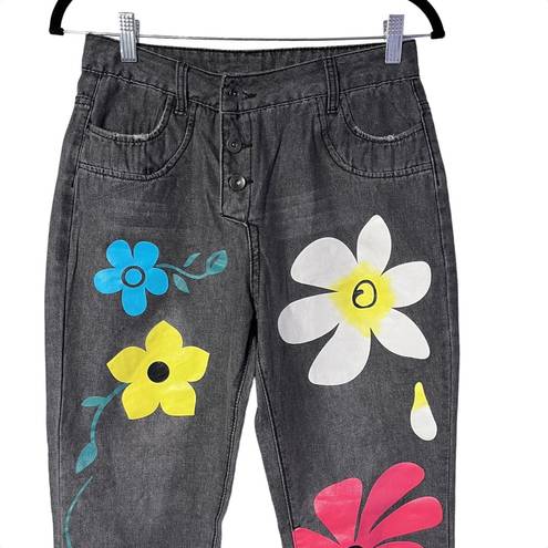 Daisy Y2K Black Denim Button Front High Rise Jeans with  Flowers Medium 28 Waist