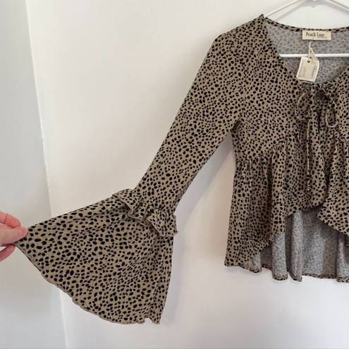 Peach Love California NEW NWT  Tan Brown Black Dotted Long Bell Sleeve Blouse S