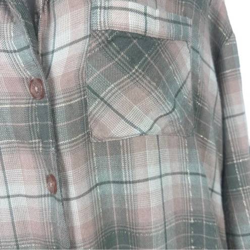 Cynthia Rowley  Womens Pink Gray Plaid Button Up Sleepwear Pajama Shirt S…