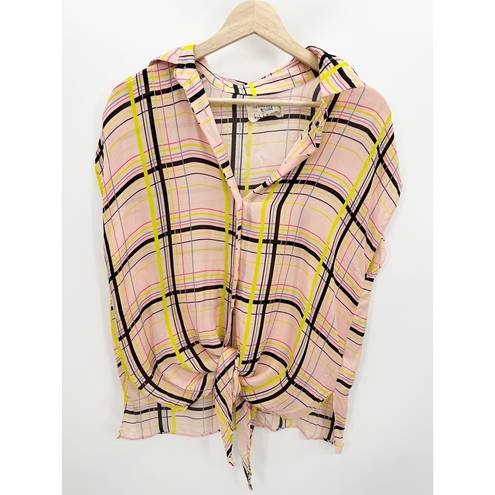 Nicole Miller  Artelier Pink Plaid Tie Front Collared Shirt Women's Size Small S