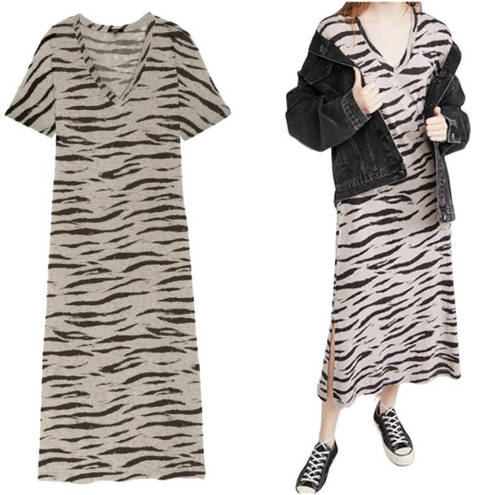 Rails  Ren V Neck Midi T Shirt Dress Tiger Animal Print Cotton Tan Black Womens M