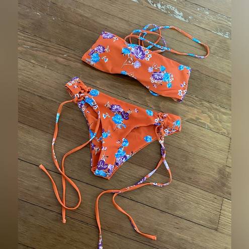 Zaful  Orange Floral Lace Up Bikini Tropical Small Bandeau Top Cheeky Bottom