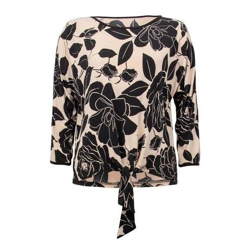 Joseph Ribkoff  Floral Self Tie Long Sleeve Blouse Top in Black & Beige