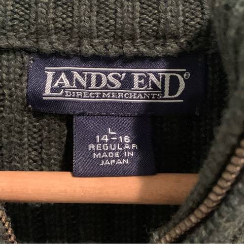 Lands'End Lands’ End Green Chunky Cable Knit Zip Up Mock Neck Sweater L 14-16 Regular